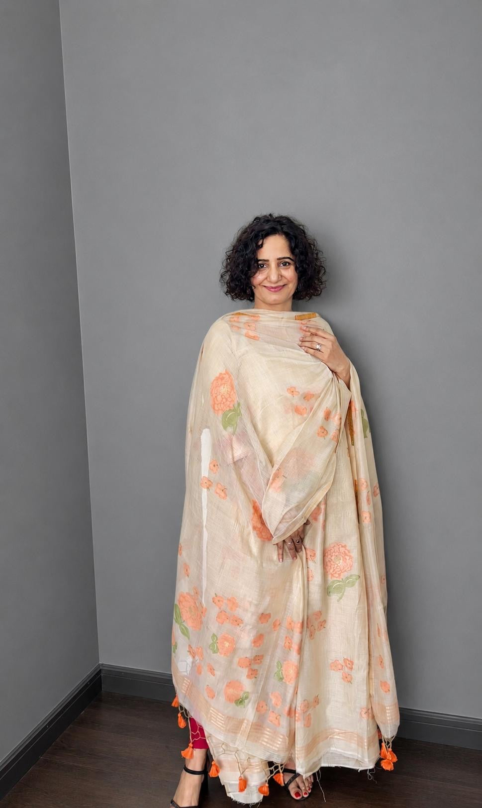 Ivory & Rose Floral Handloom Jamdani Chanderi Suit Set