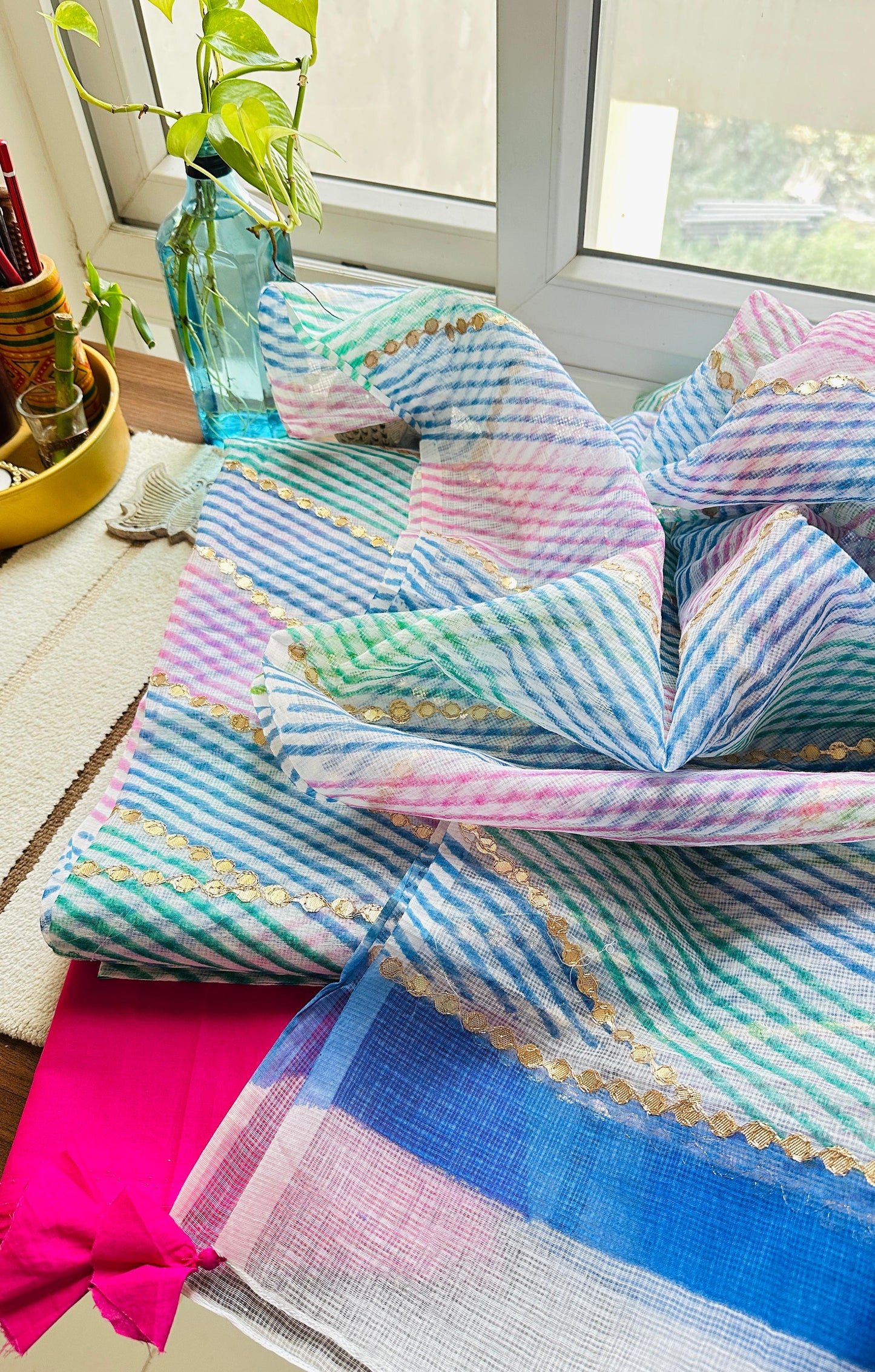 Pastel Stripe Kota Suit Set with Gota Accents
