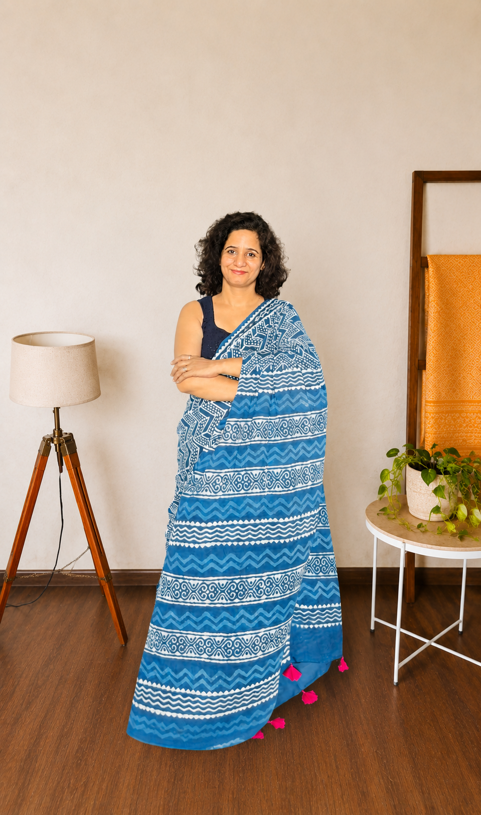 ndigo Multi-Pattern Mulmul Saree