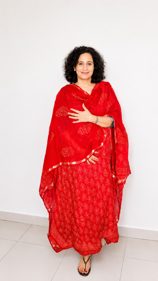 Red Hand-Blocked Linen Suit Set
