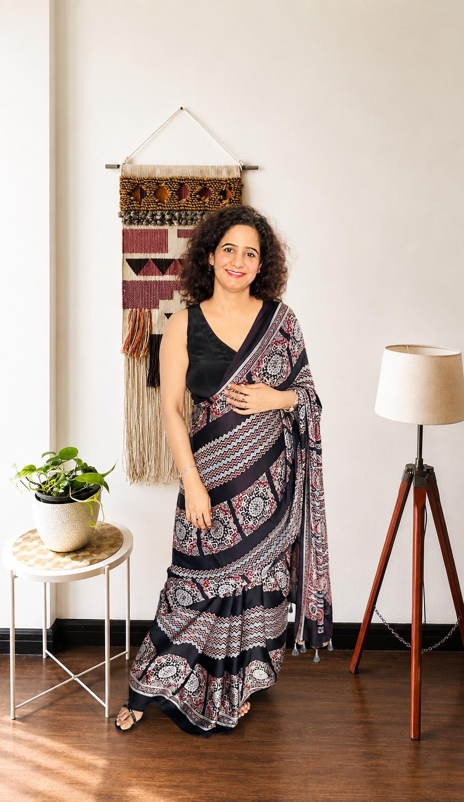 Black Ajrakh Modal Silk Saree