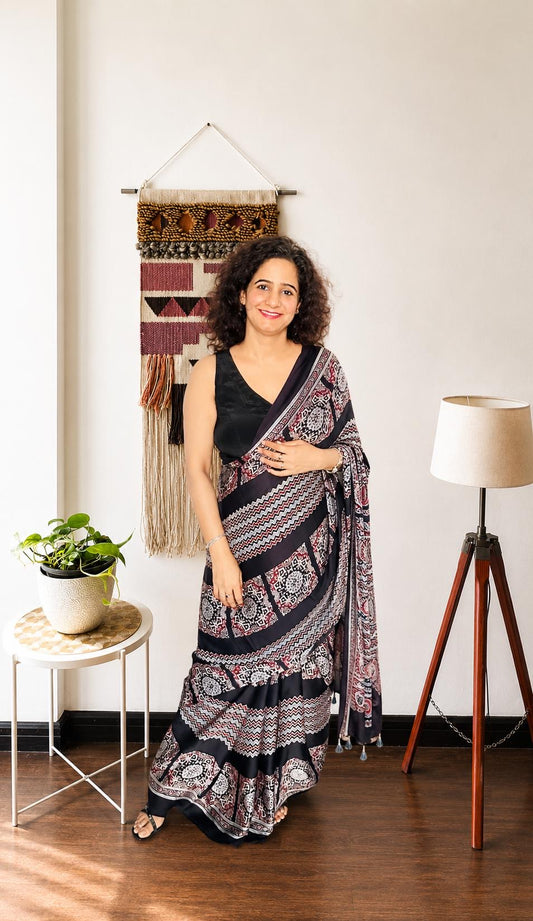 Black Ajrakh Modal Silk Saree