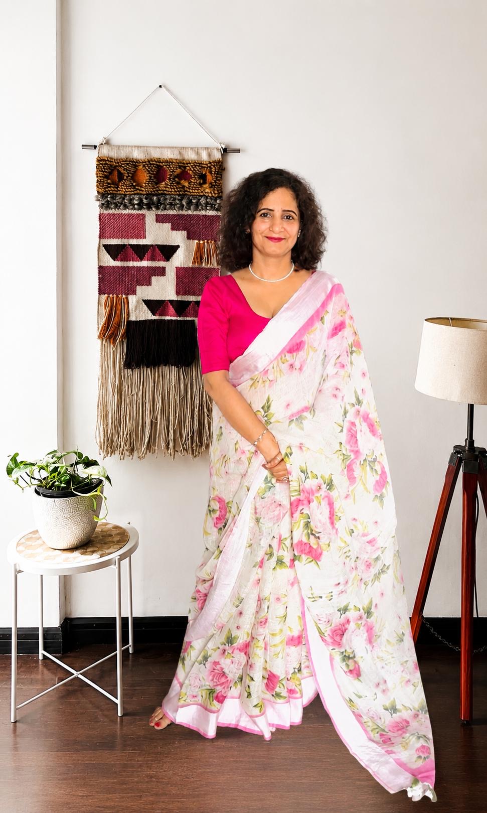 White & Pink Floral Linen Saree