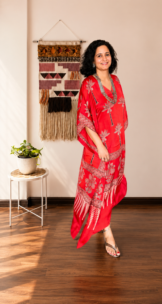Red Palm Tree Hand-Blocked Ajrakh Modal Silk Kaftan
