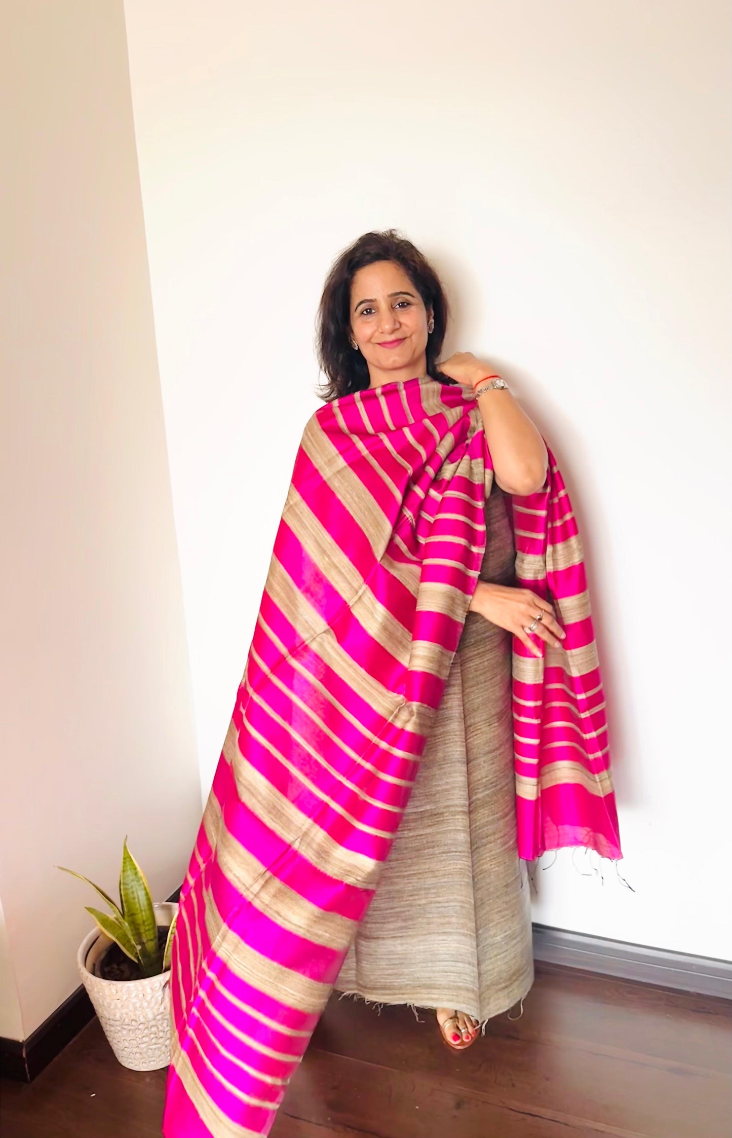 PInk & Beige Striped Tussar Silk Suit Set