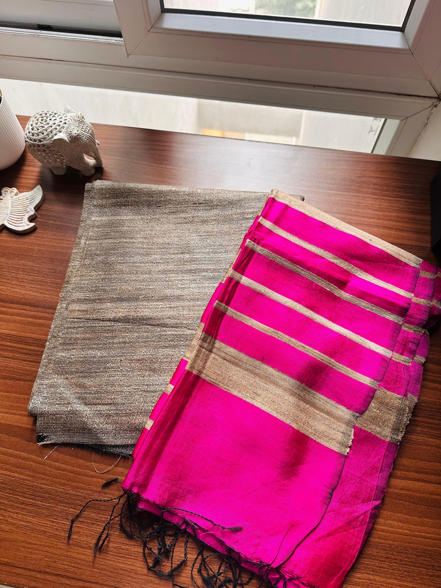 PInk & Beige Striped Tussar Silk Suit Set