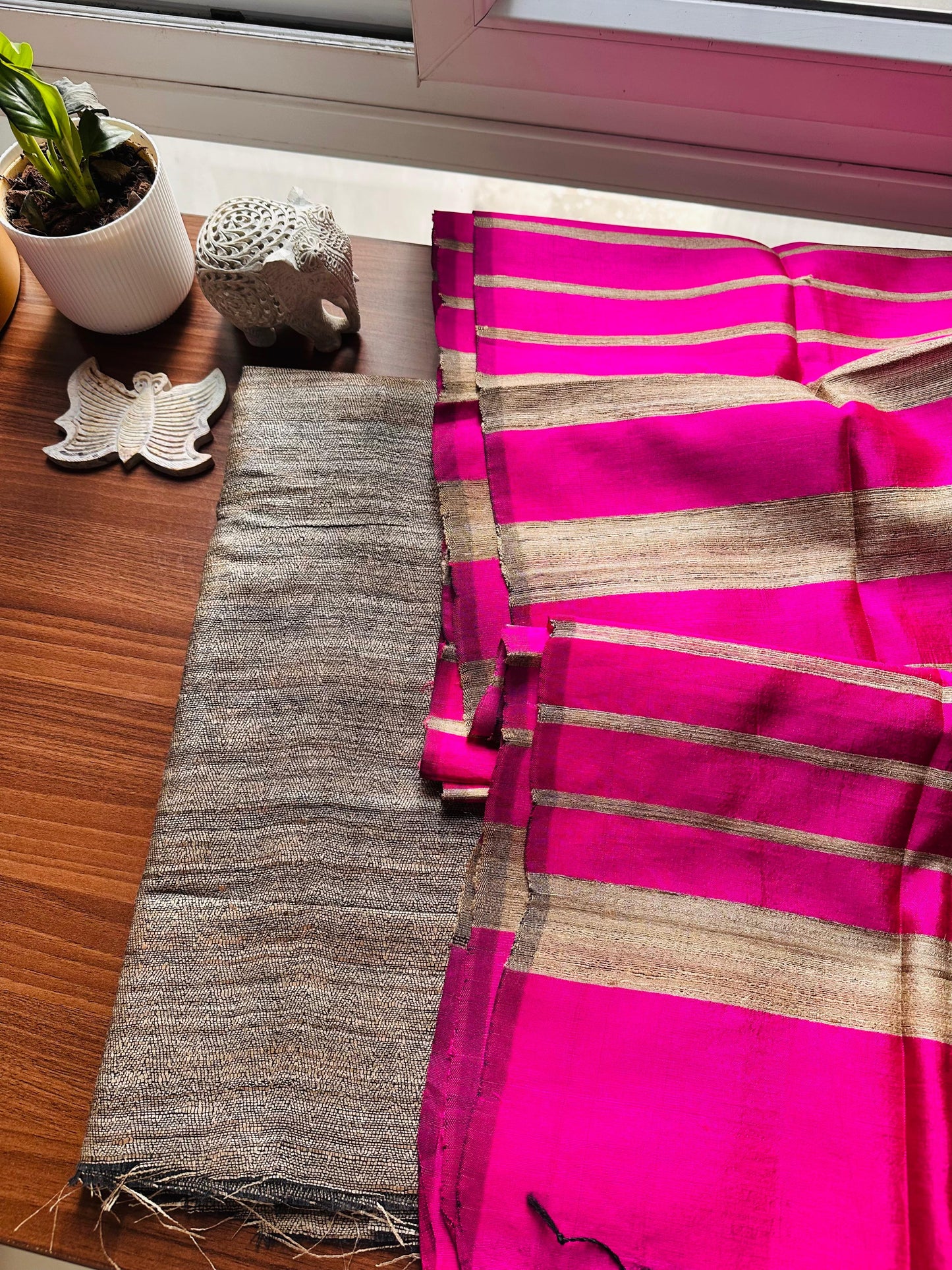 PInk & Beige Striped Tussar Silk Suit Set