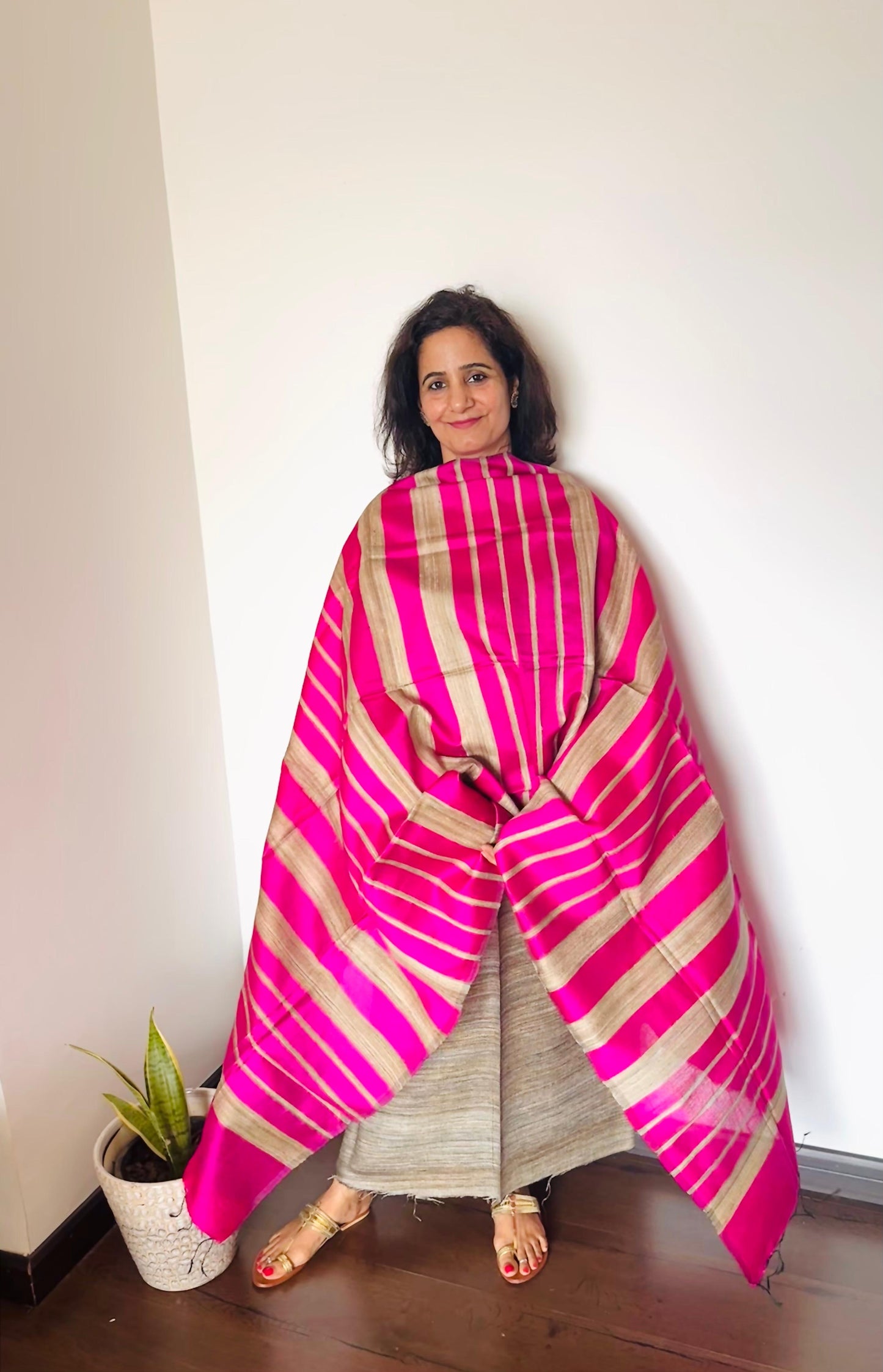 PInk & Beige Striped Tussar Silk Suit Set