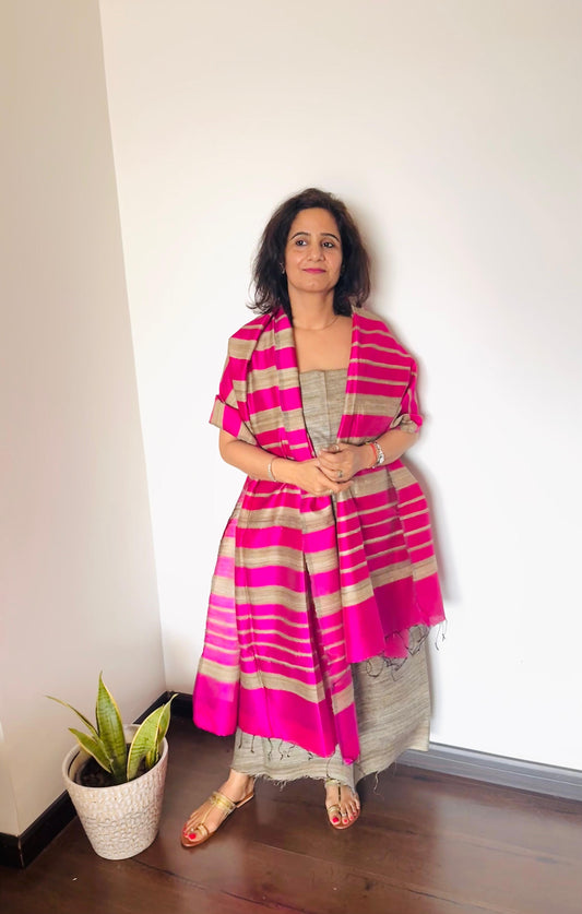 PInk & Beige Striped Tussar Silk Suit Set