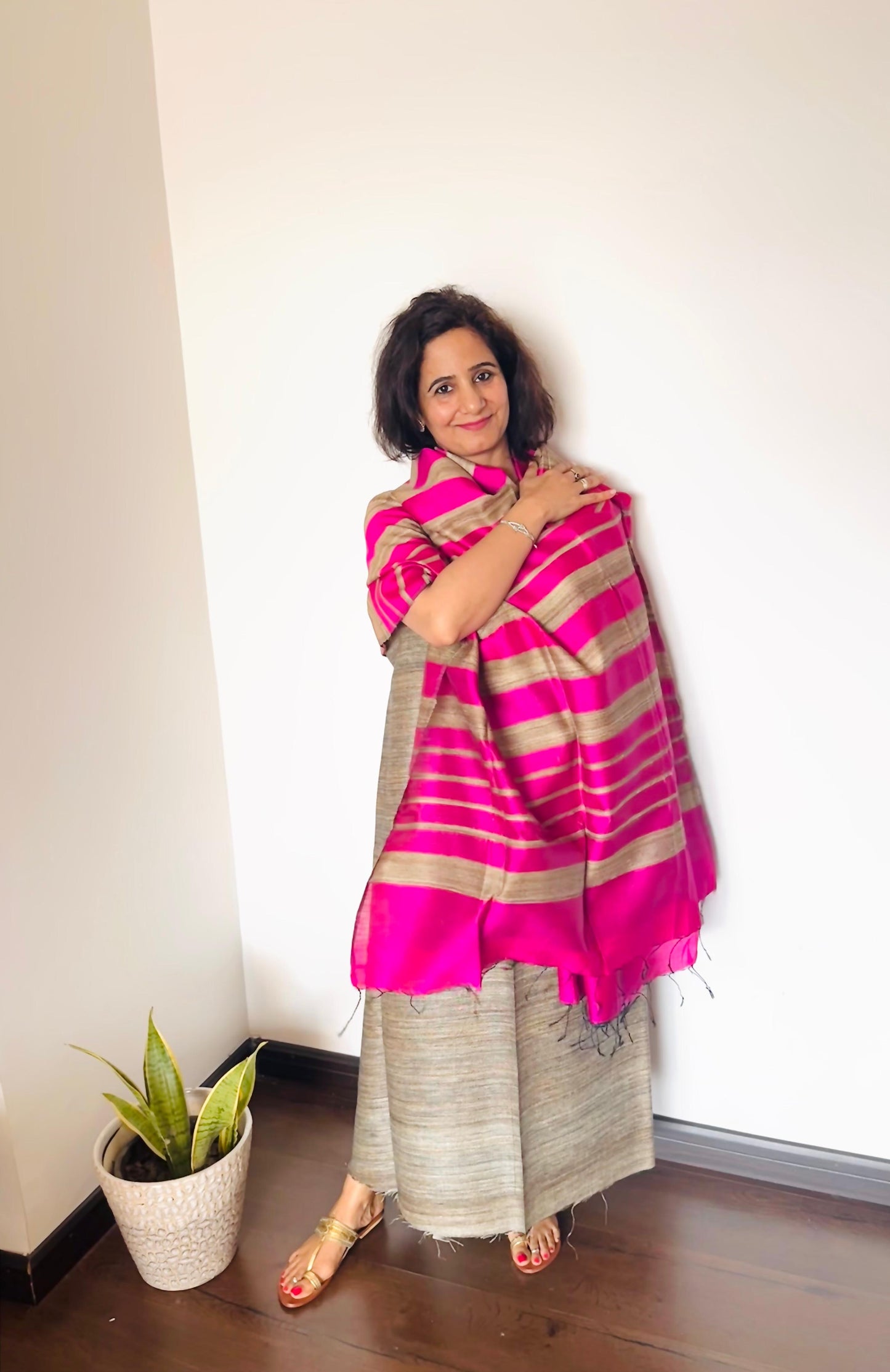 PInk & Beige Striped Tussar Silk Suit Set