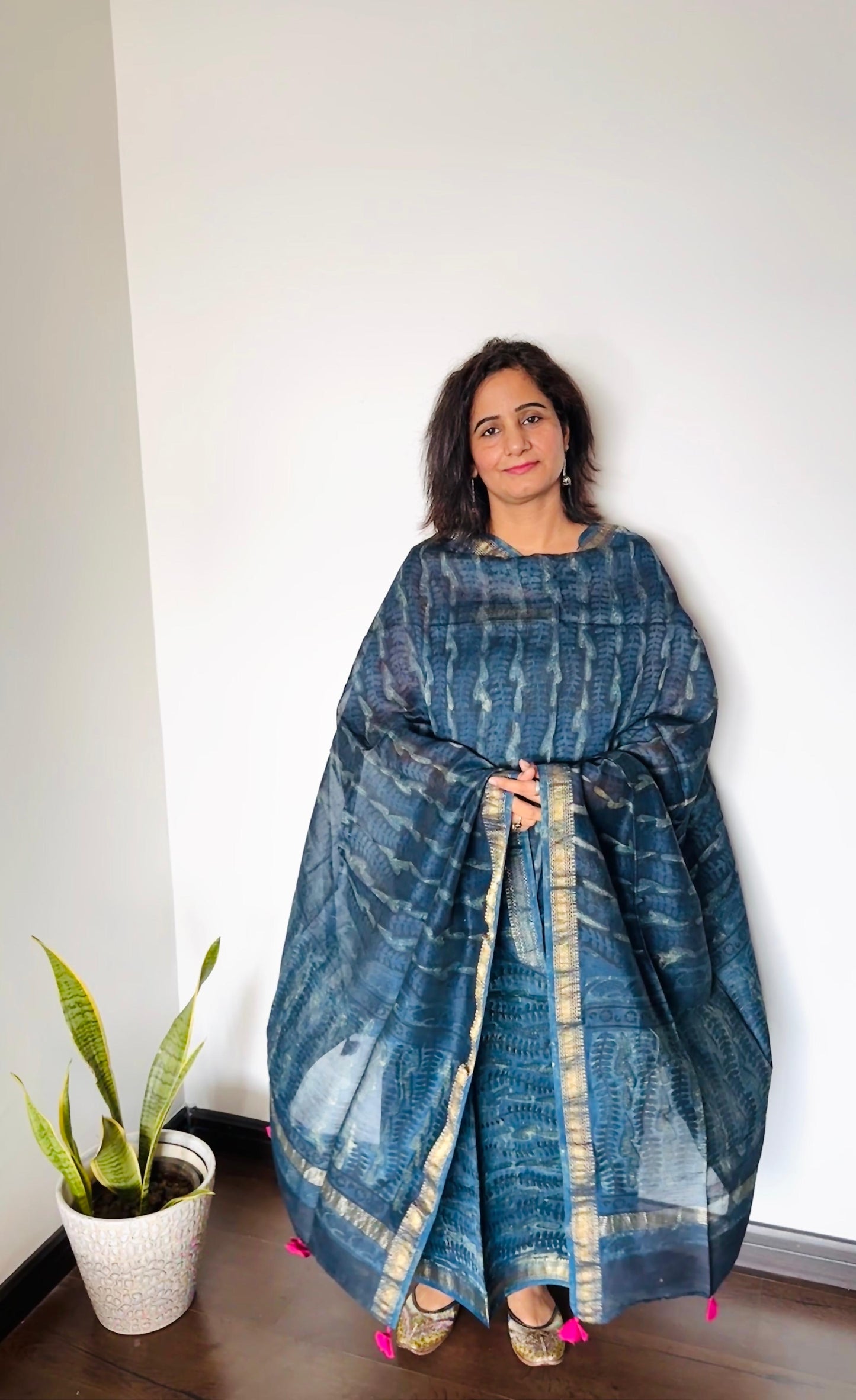 Midnight Teal Ajrakh Maheshwari Suit Set