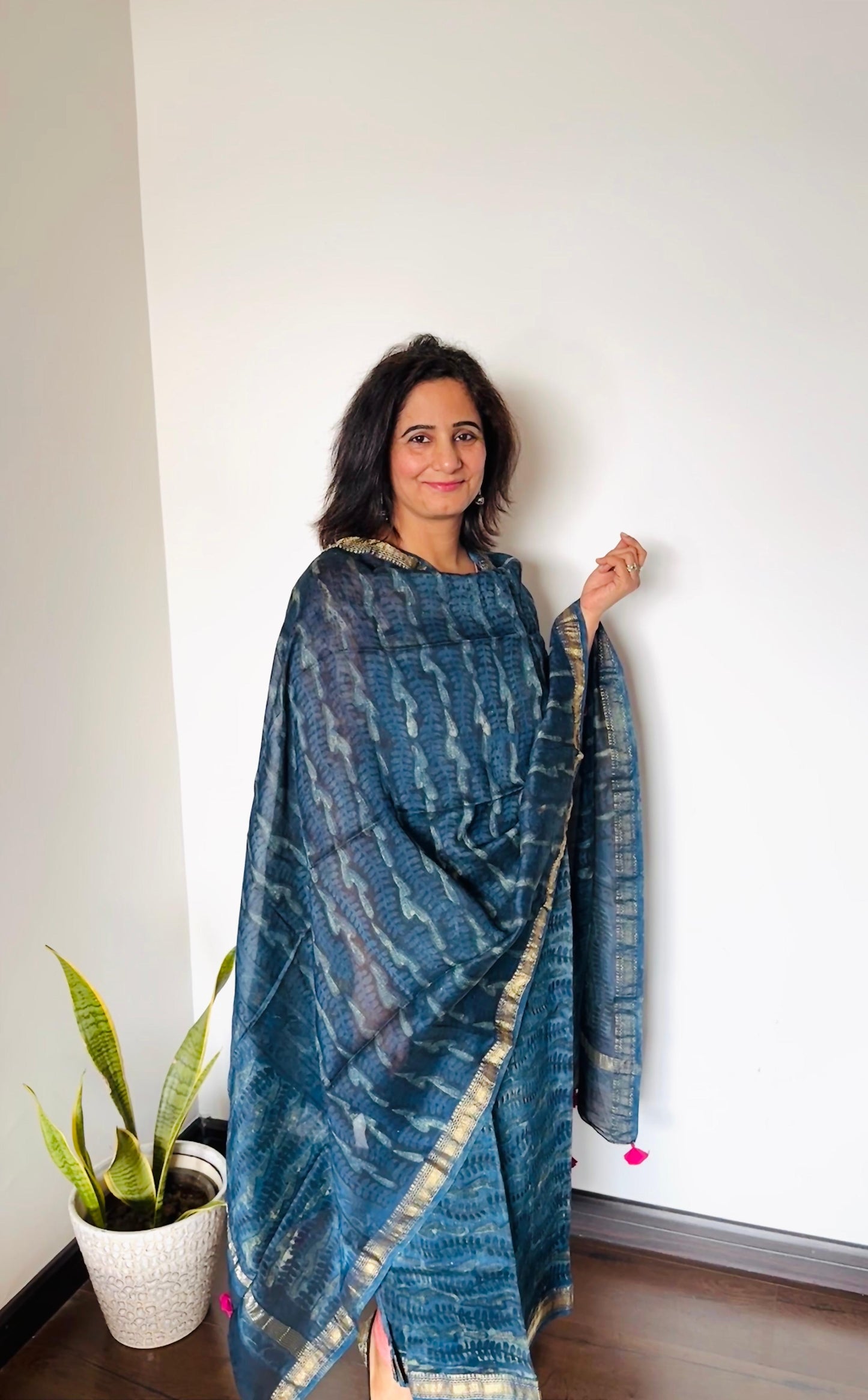 Midnight Teal Ajrakh Maheshwari Suit Set
