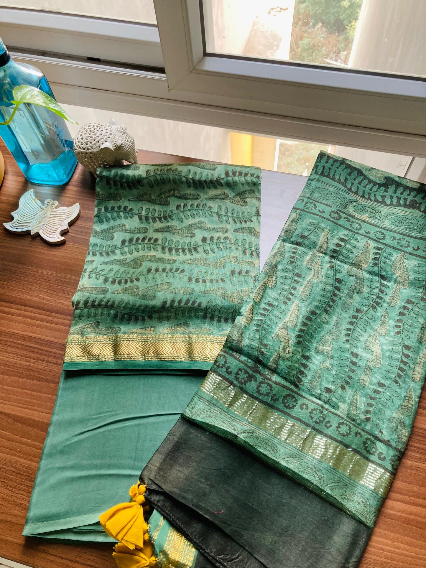 Green Ajrakh Maheshwari Silk Suit Set