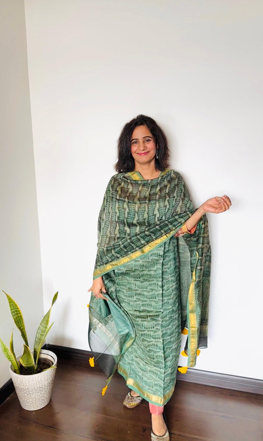 Green Ajrakh Maheshwari Silk Suit Set
