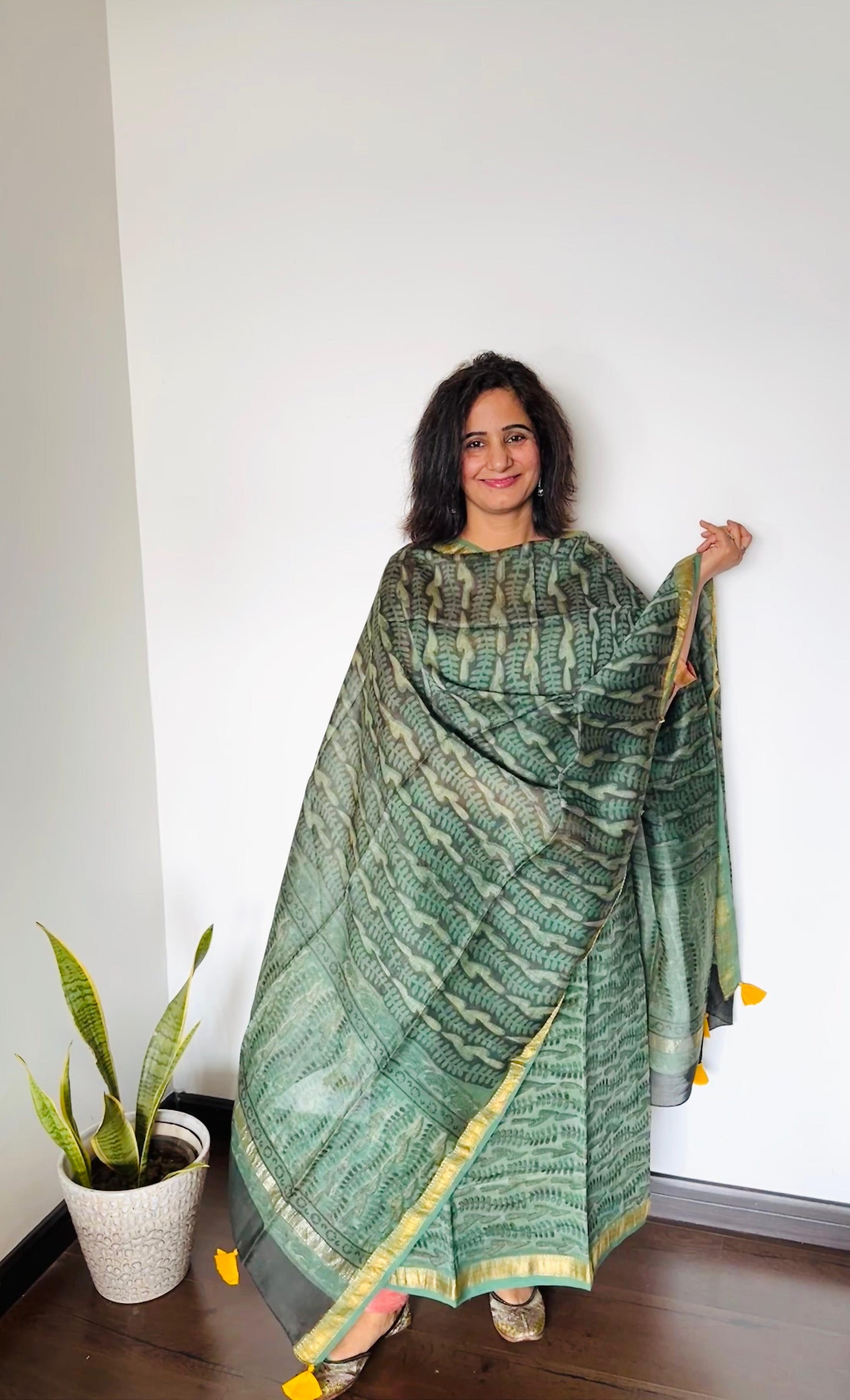 Green Ajrakh Maheshwari Silk Suit Set