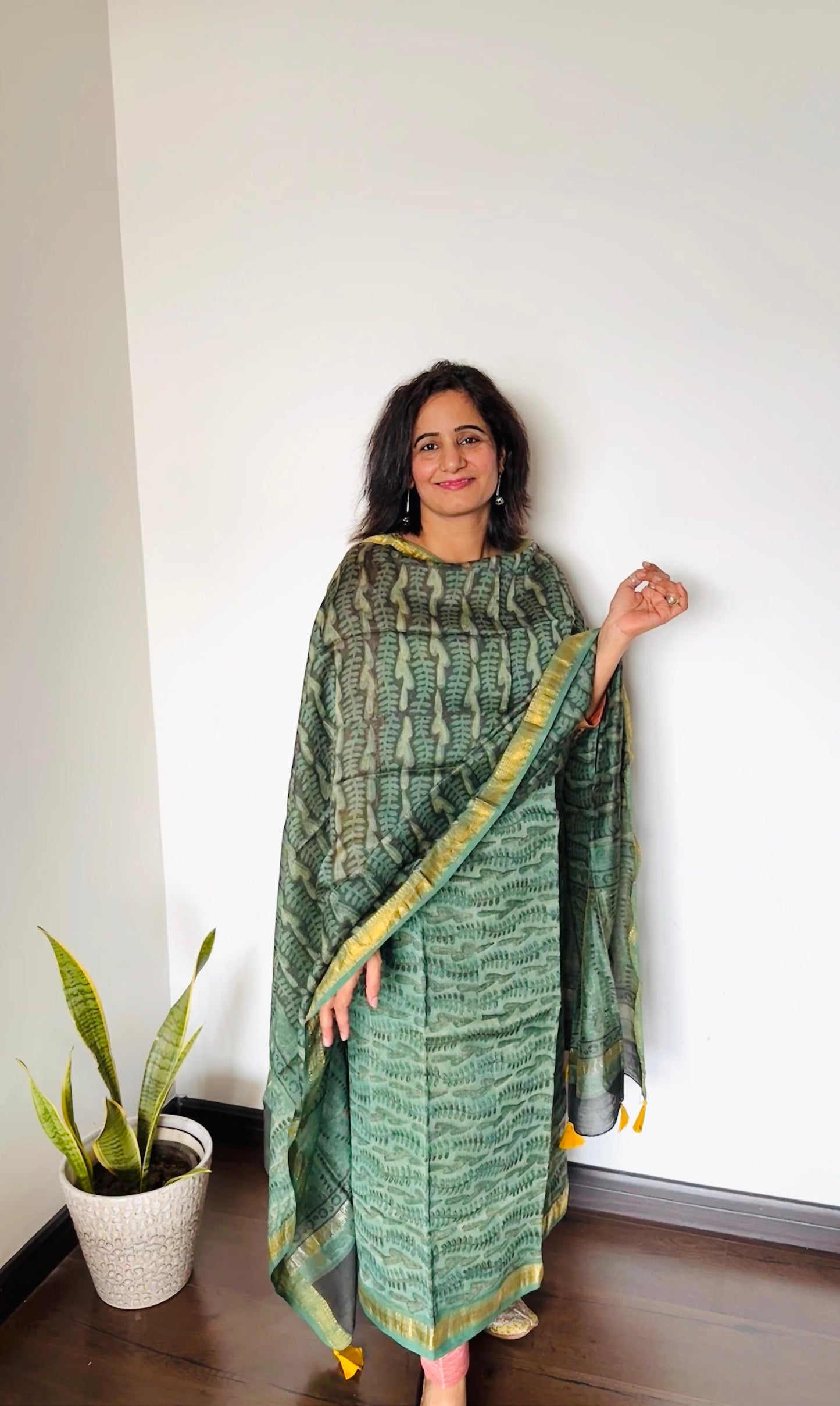 Green Ajrakh Maheshwari Silk Suit Set