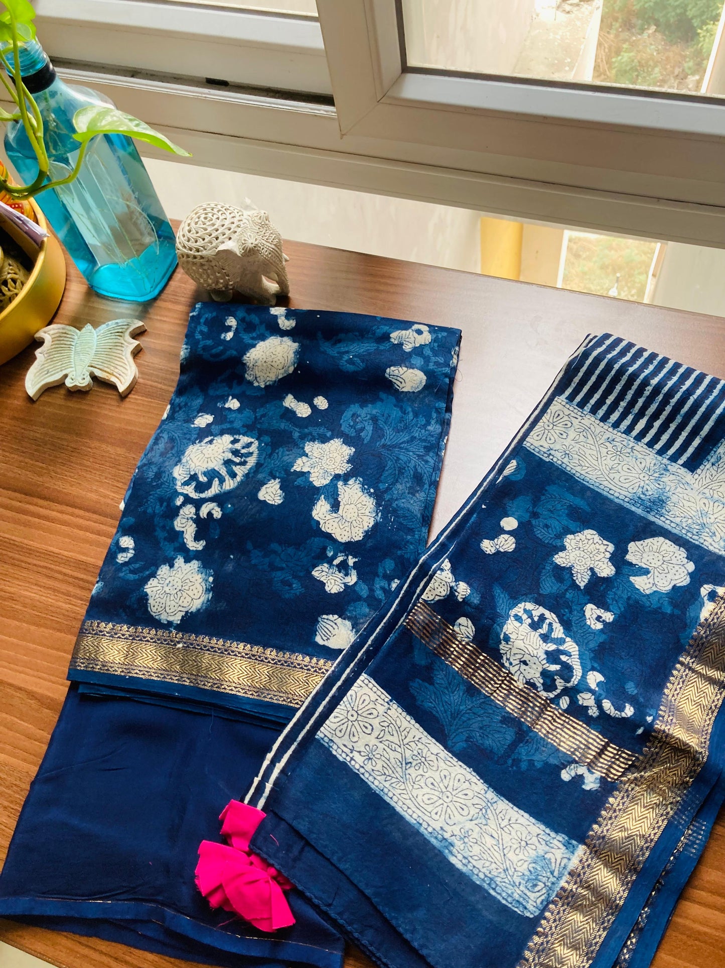 Indigo Ajrakh Maheshwari Silk Suit Set