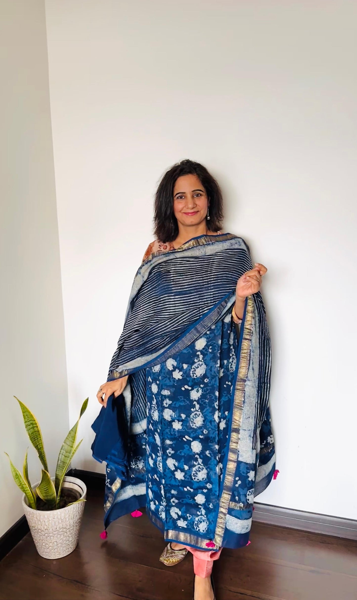 Indigo Ajrakh Maheshwari Silk Suit Set