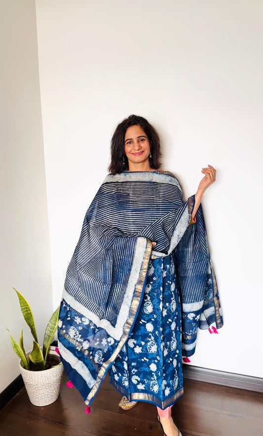Indigo Ajrakh Maheshwari Silk Suit Set