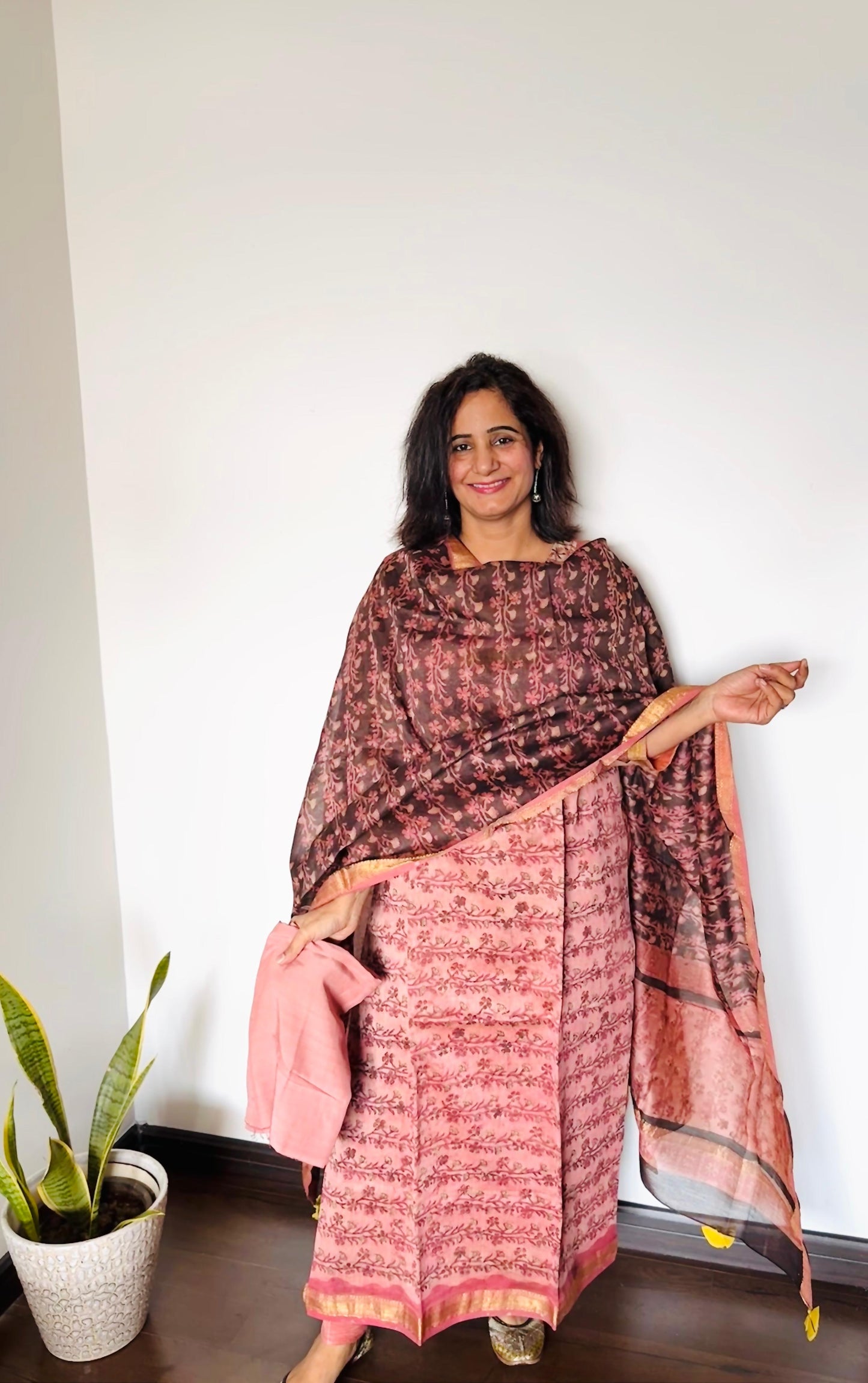 Dusty Rose Ajrakh Maheshwari Silk Suit Set