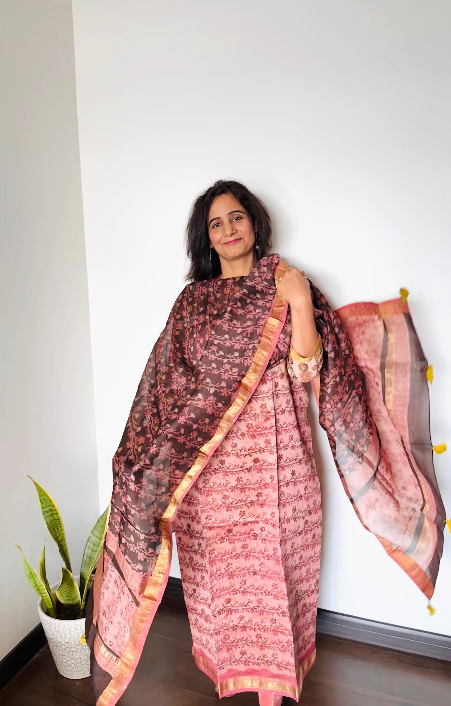 Dusty Rose Ajrakh Maheshwari Silk Suit Set