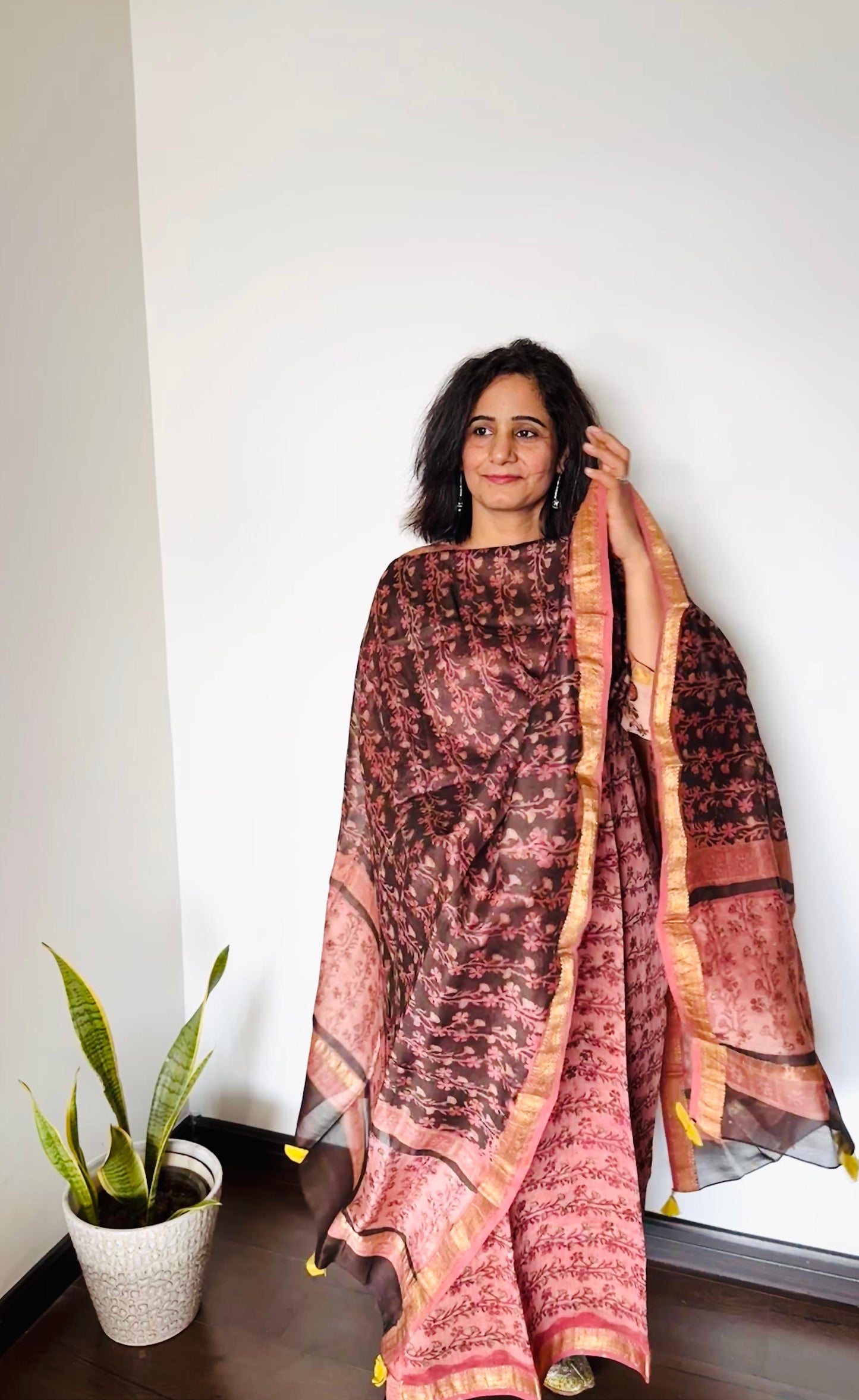Dusty Rose Ajrakh Maheshwari Silk Suit Set
