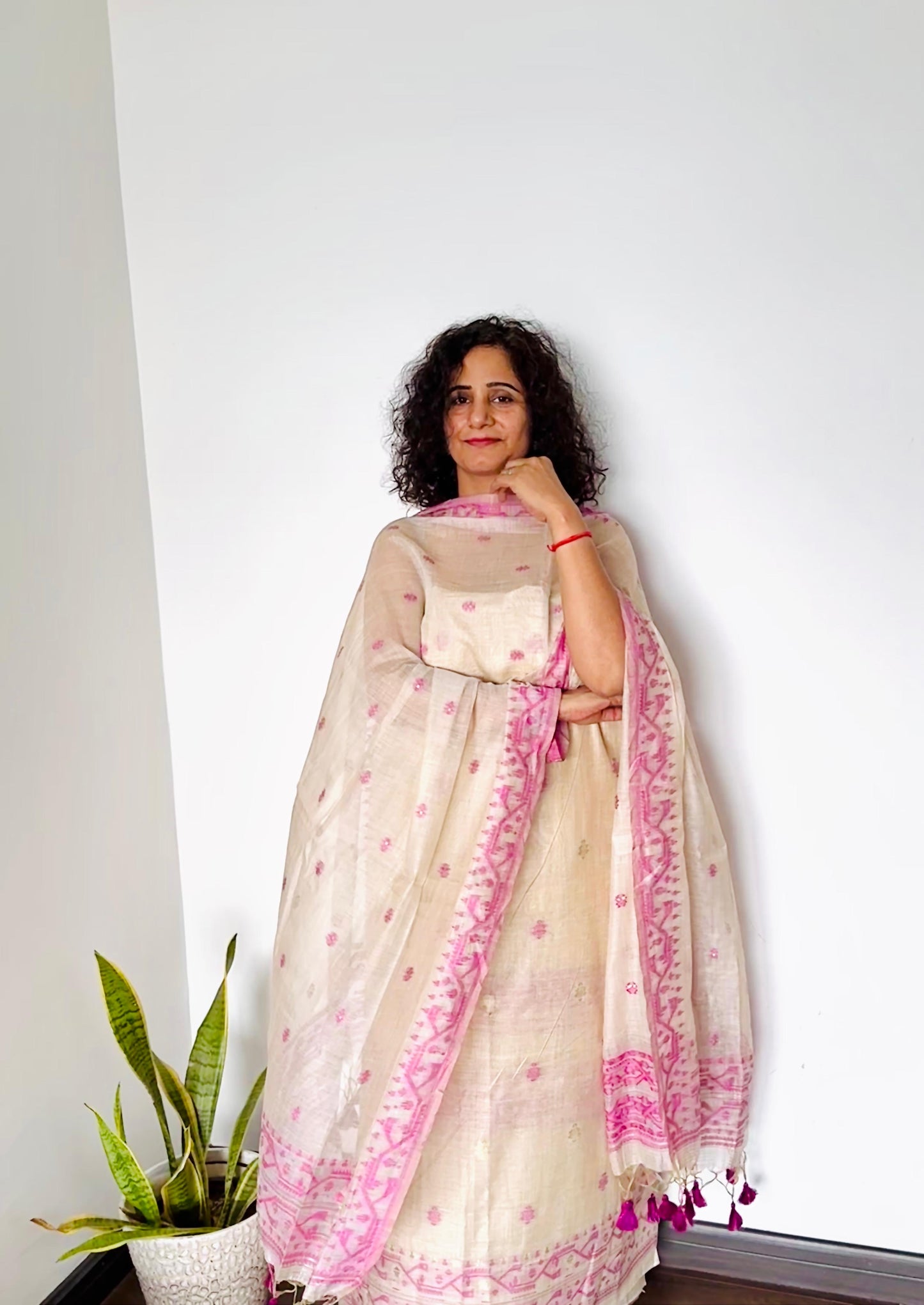 Ivory and Magenta Jamdani Chanderi Suit Set