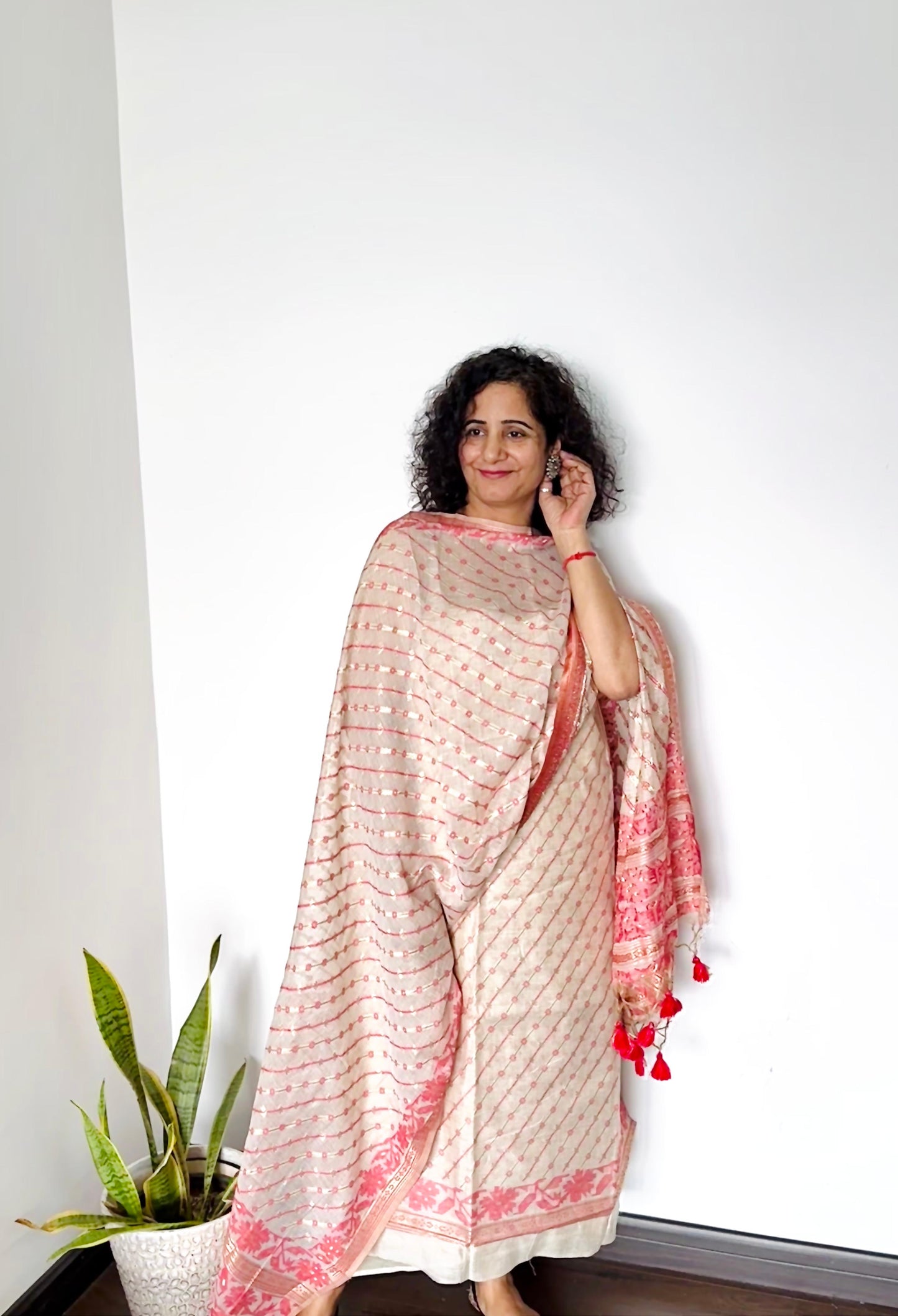 Peach & Coral Jamdani Chanderi Suit Set