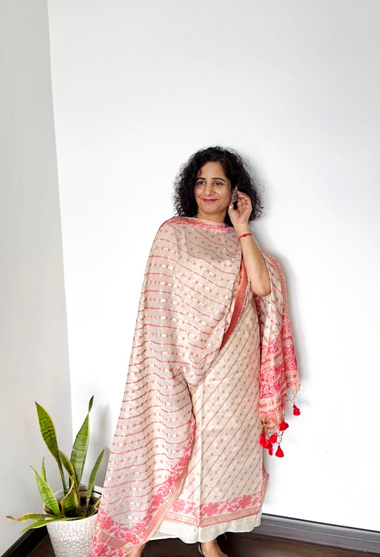 Peach & Coral Jamdani Chanderi Suit Set