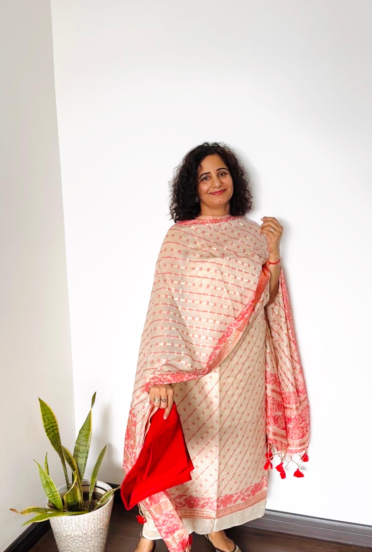 Peach & Coral Jamdani Chanderi Suit Set
