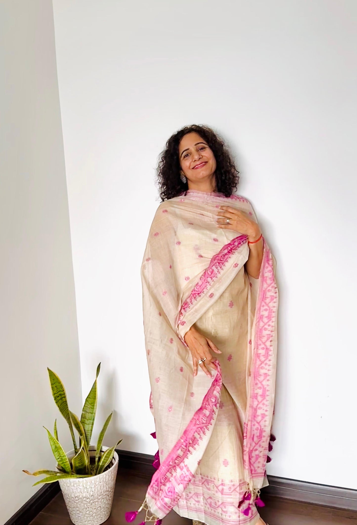 Ivory and Magenta Jamdani Chanderi Suit Set