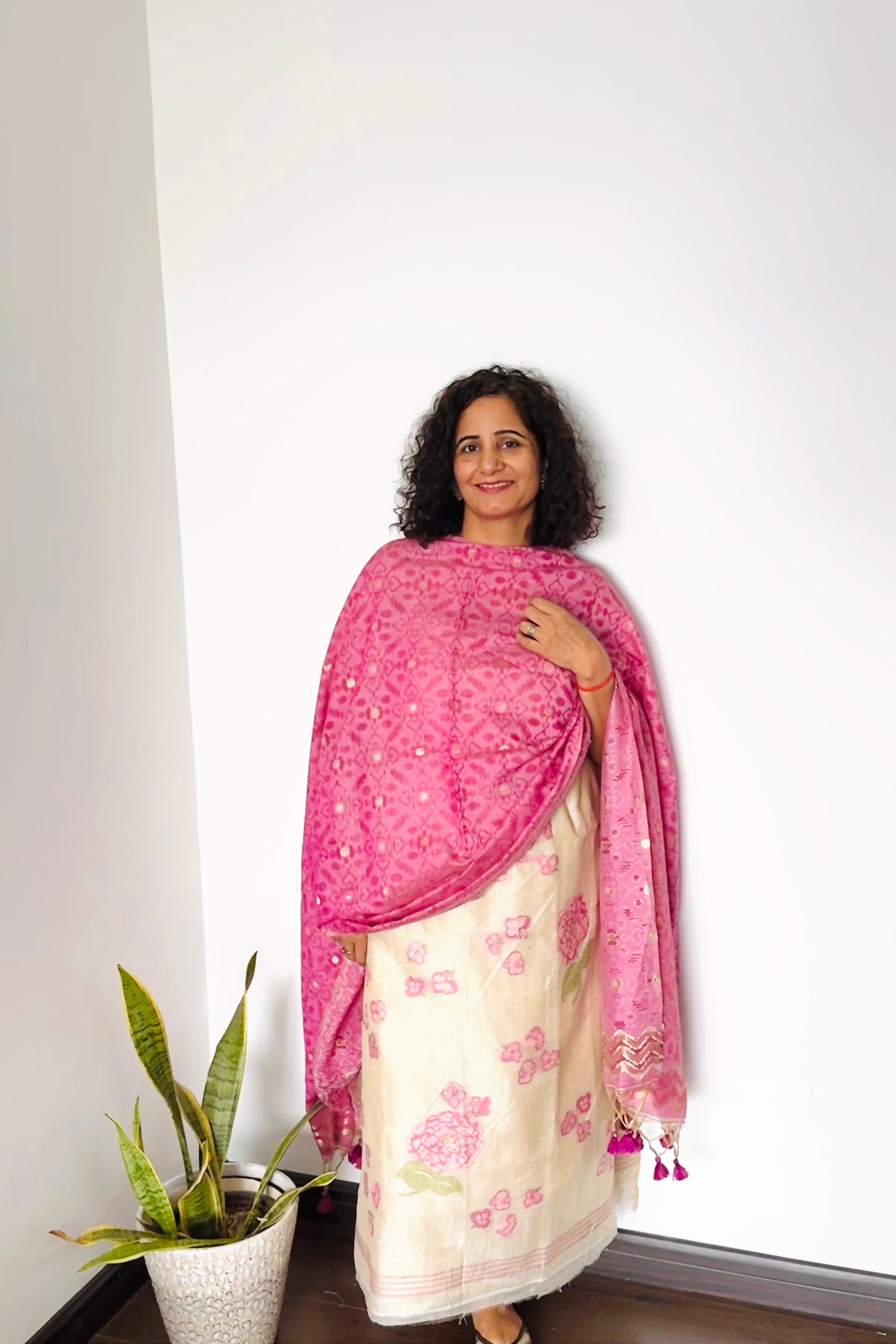 Pink & Ivory Jamdani Chanderi Suit Set