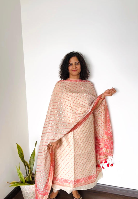 Peach & Coral Jamdani Chanderi Suit Set