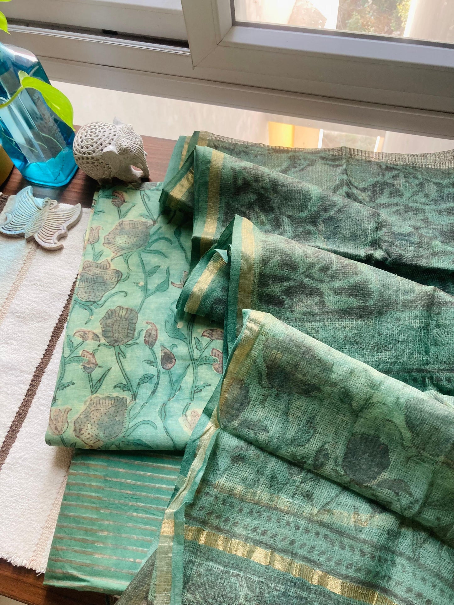 Sea Green Ajrakh Kota Doria Dupatta set