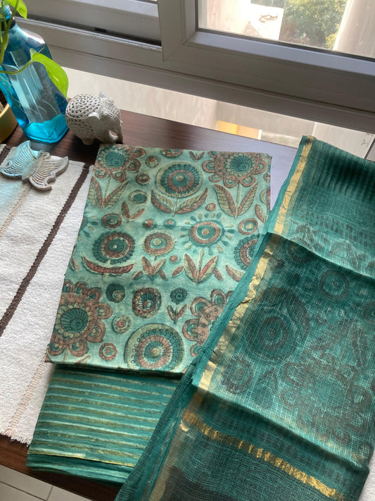 Sea Green Ajrakh Kota Doria Dupatta set
