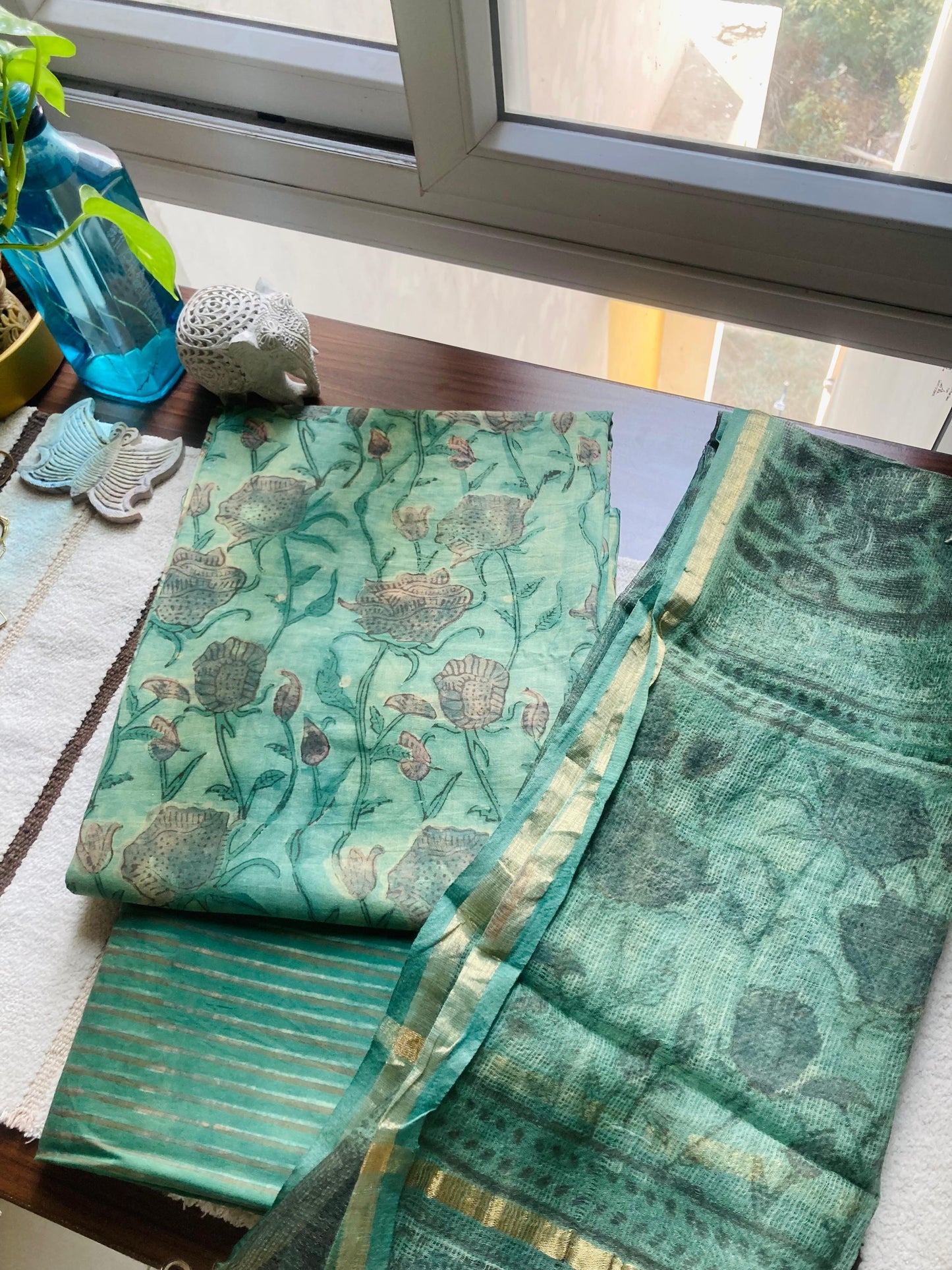 Sea Green Ajrakh Kota Doria Dupatta set