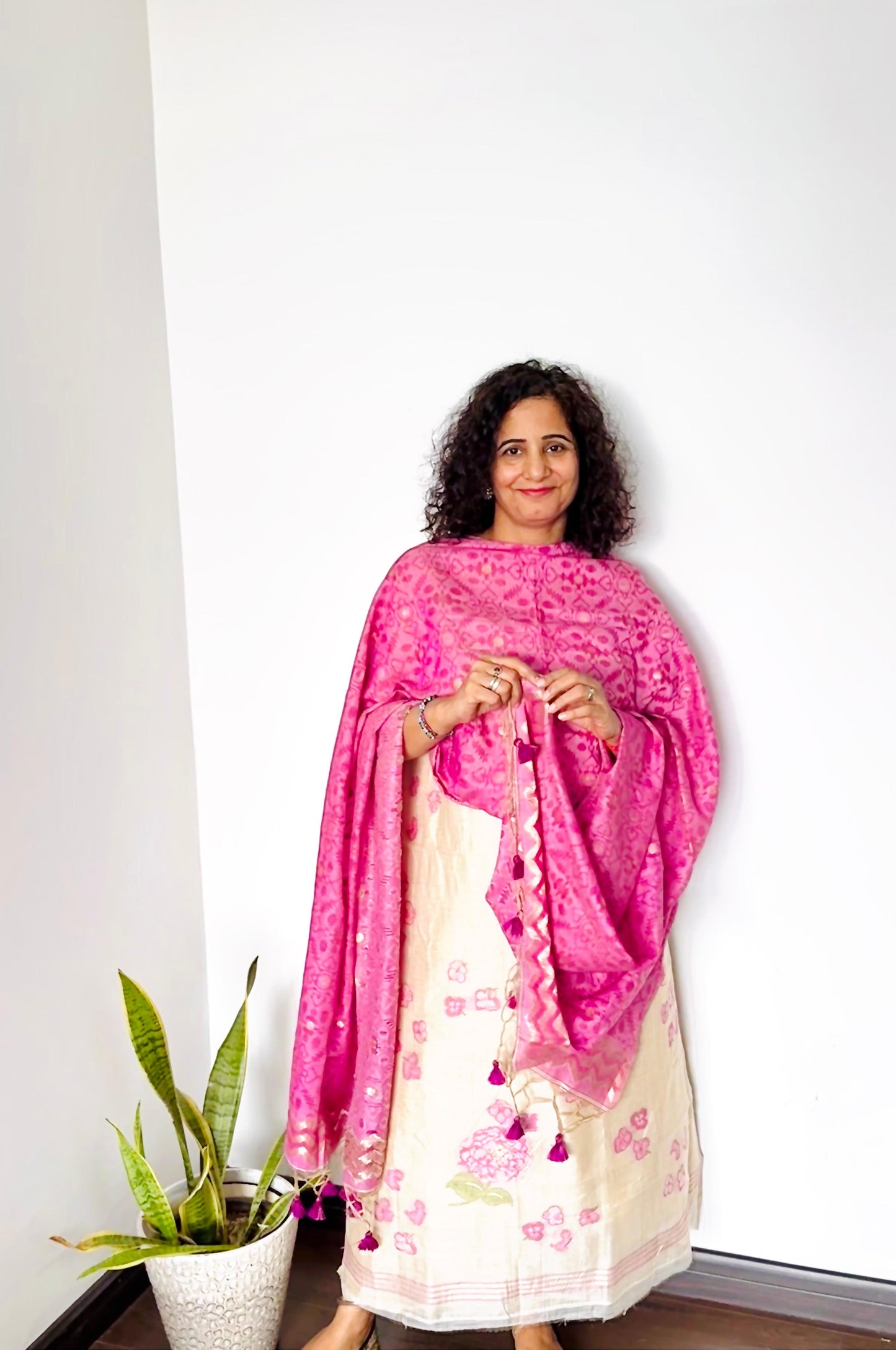 Pink & Ivory Jamdani Chanderi Suit Set