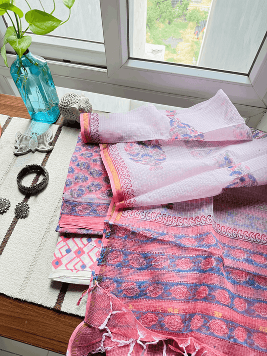 Rose Pink & Blue Floral Kota Doria Suit Set