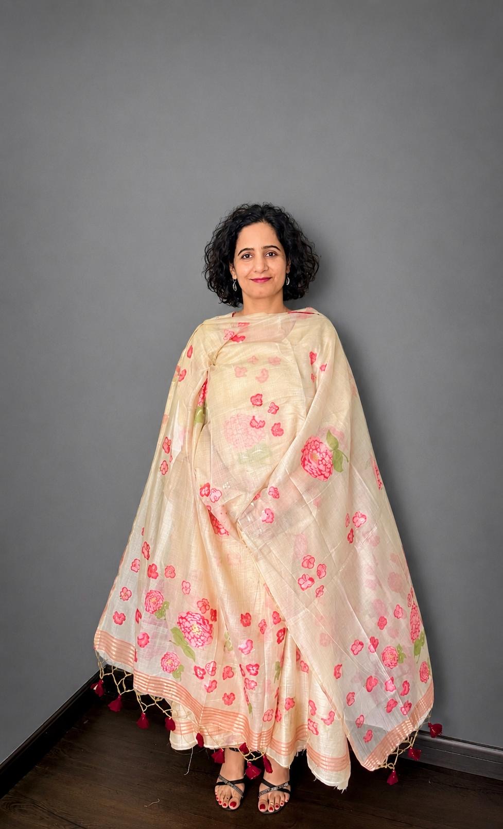 Ivory & Rose Floral Handloom Jamdani Chanderi Suit Set