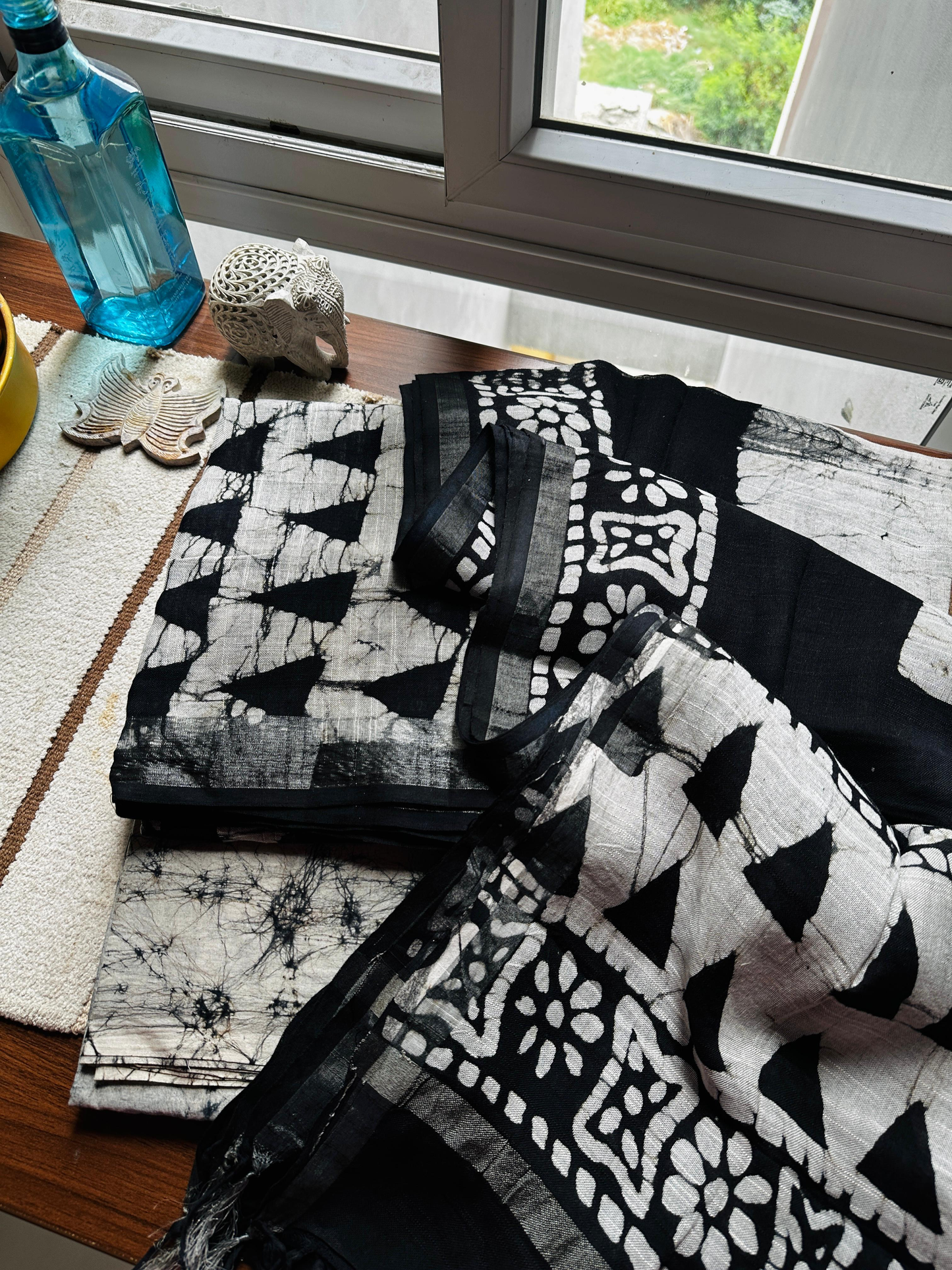 Black & Ivory White Hand-Blocked Linen Suit Set