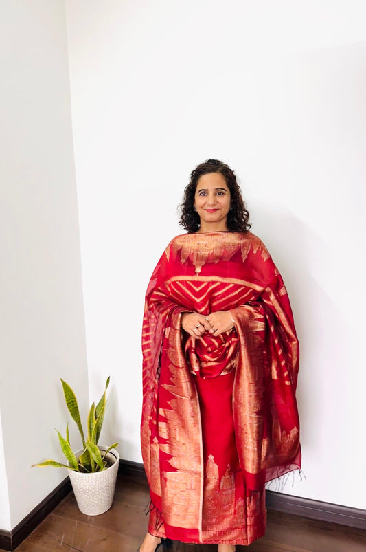 Red Taj Mahal Pure Silk Suit Set