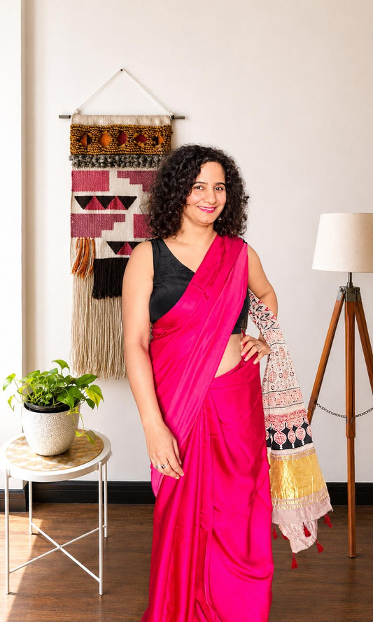 Pink Modal Silk Saree with Ajrakh Pallu