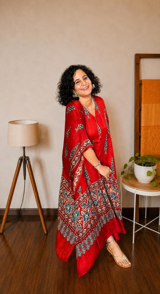 Red Hand-Blocked Ajrakh Modal Silk Kaftan