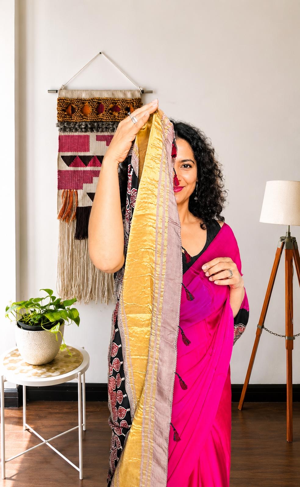 Pink Modal Silk Saree with Ajrakh Pallu