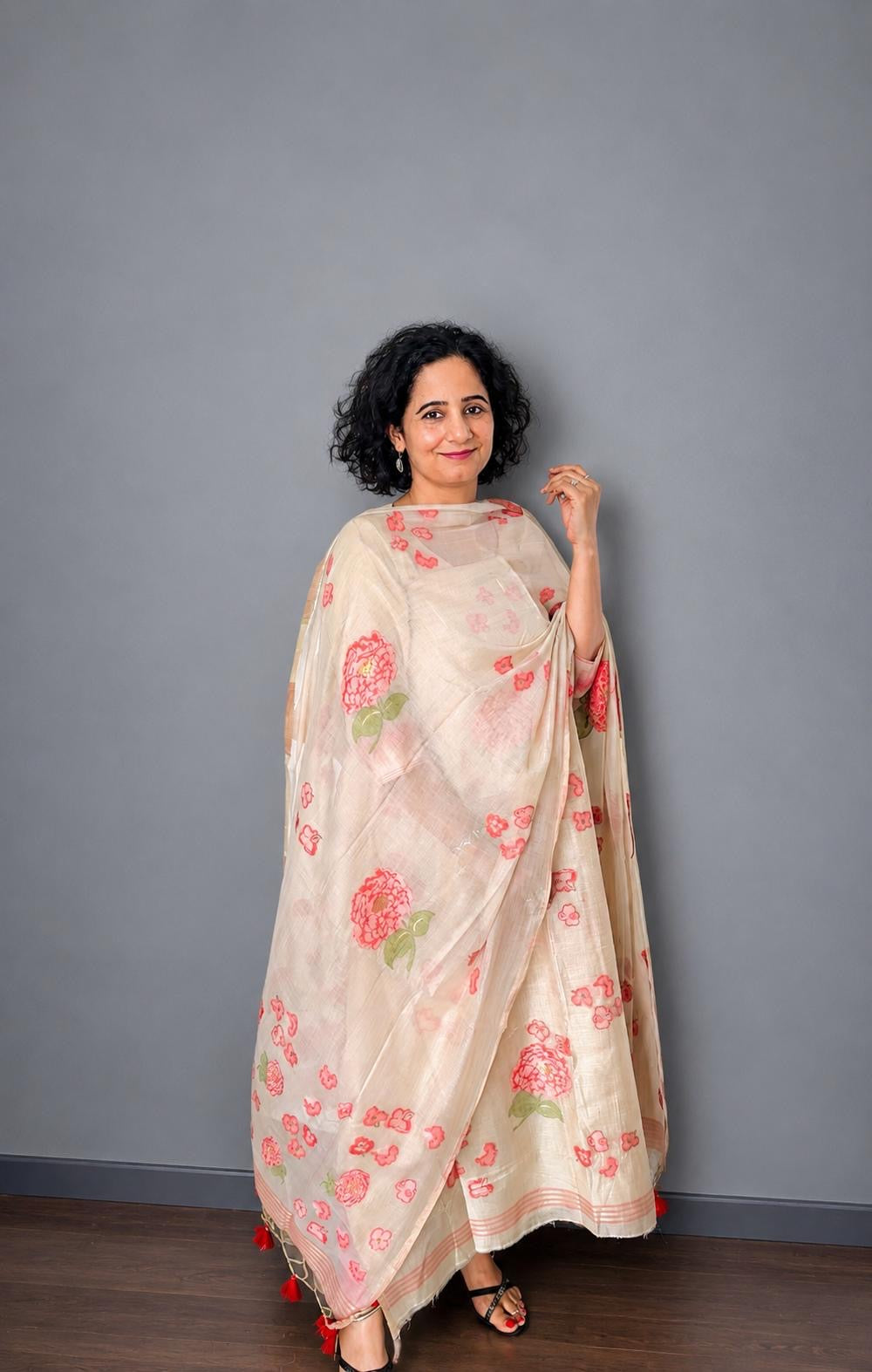 Ivory & Rose Floral Handloom Jamdani Chanderi Suit Set