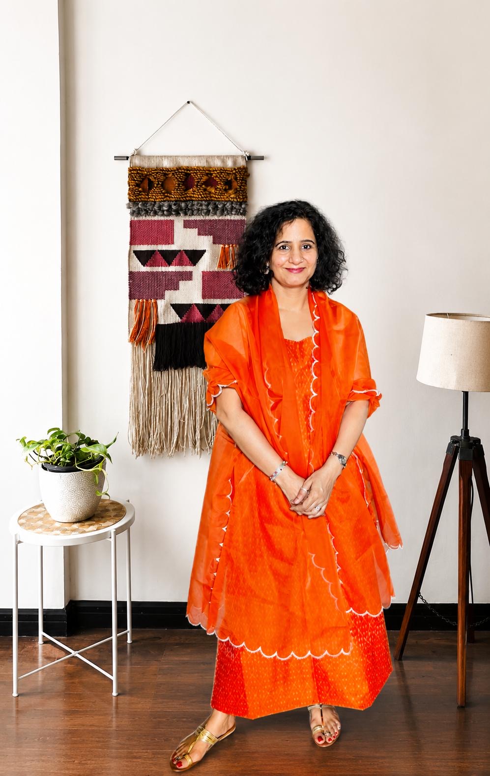 Orange Ikat Suit Set with Organza Dupatta
