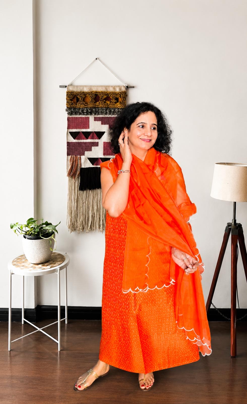 Orange Ikat Suit Set with Organza Dupatta