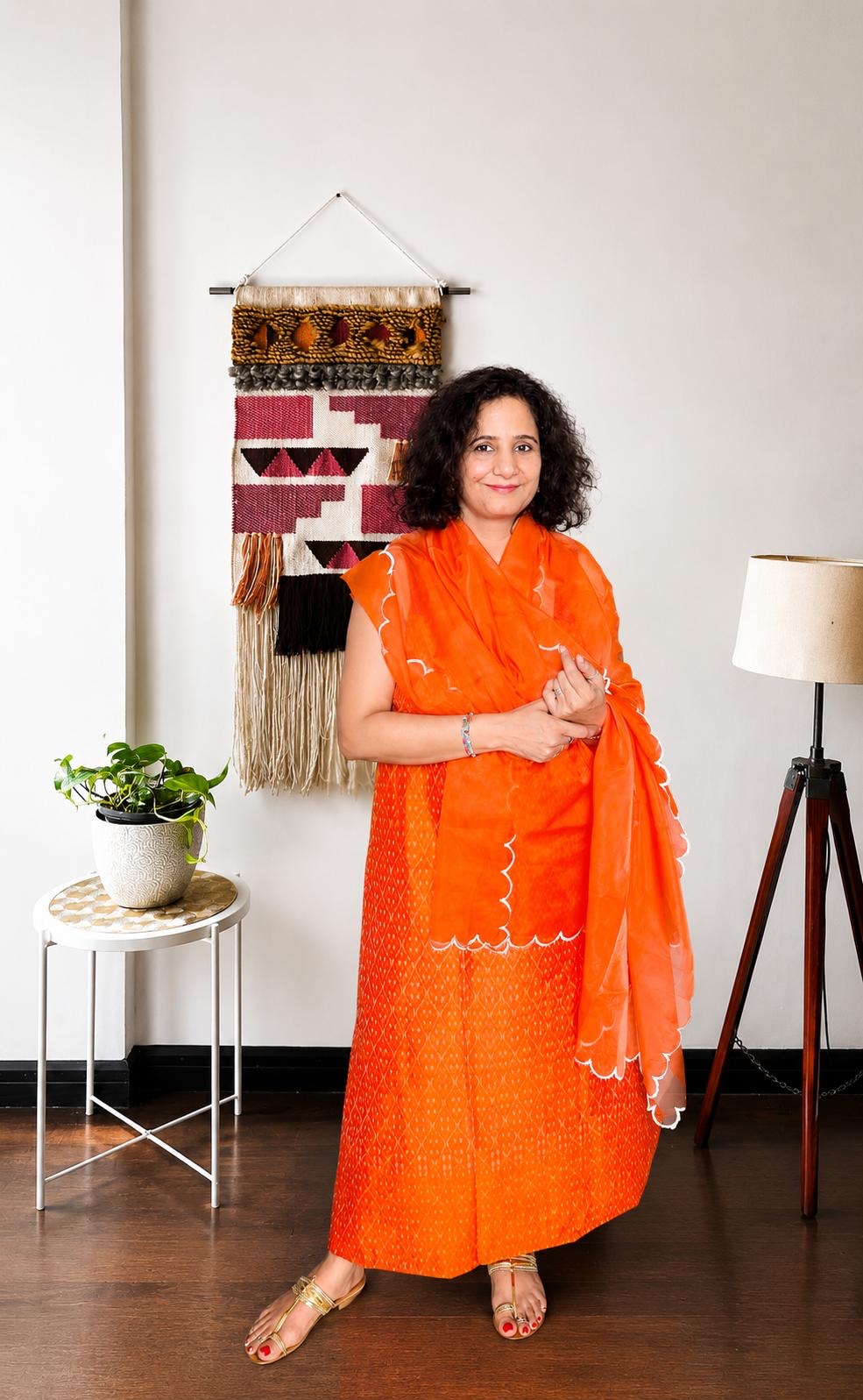 Orange Ikat Suit Set with Organza Dupatta