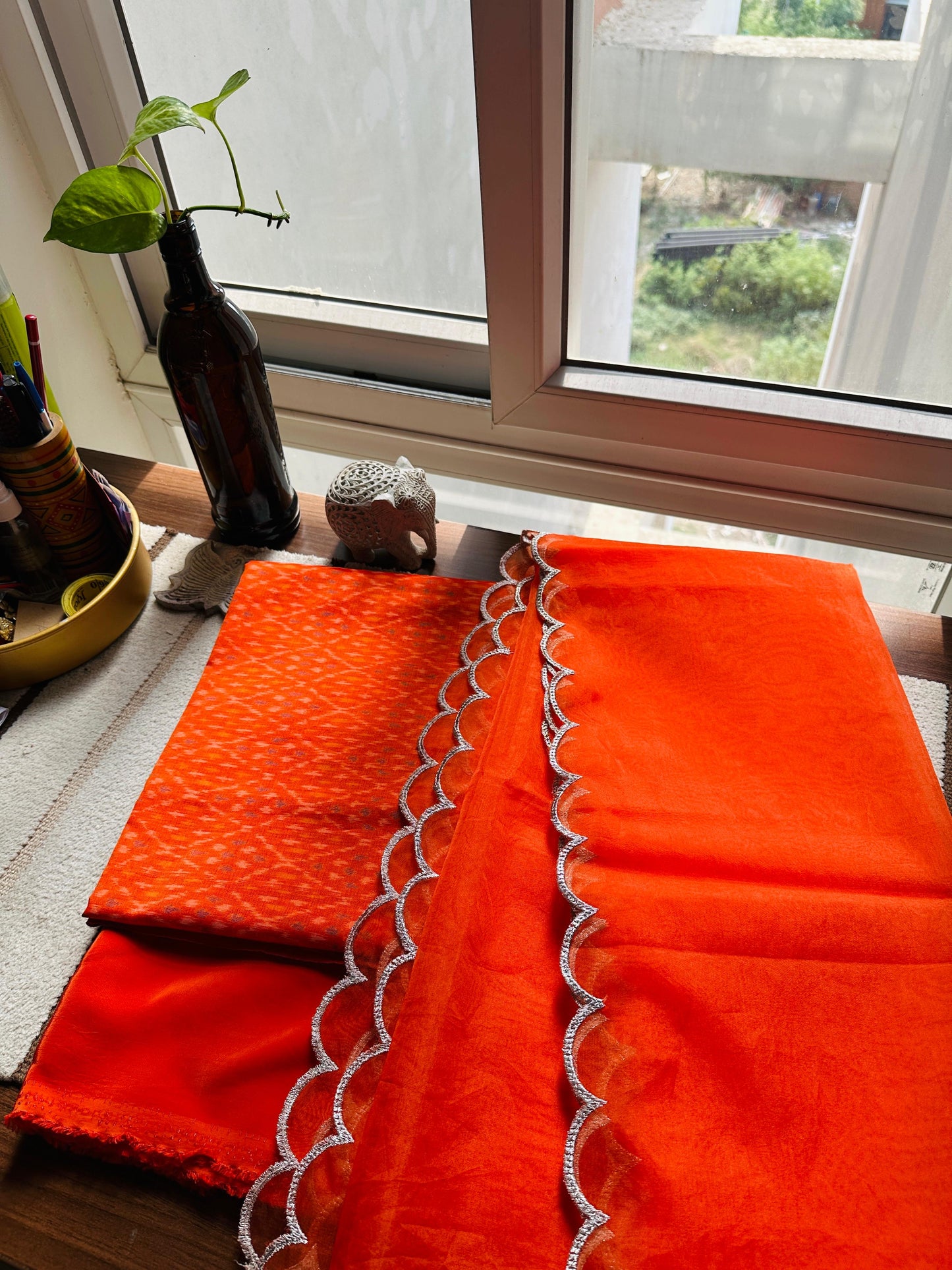 Orange Ikat Suit Set with Organza Dupatta