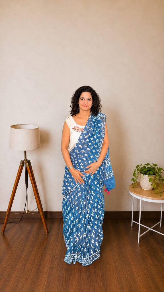 Indigo Mulmul Cotton Saree